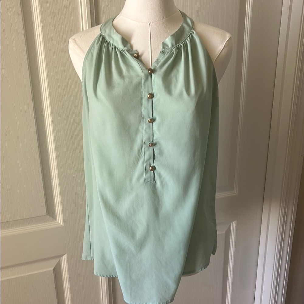 Eva Mendes Green Sleeveless Ruffled Blouse